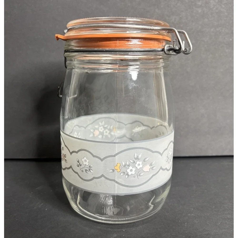 Pfaltzgraff Remembrance Glass Canister 1L Floral Arc Floral Hinged Lid *READ